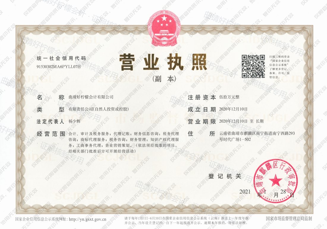 曲靖好柠檬会计有限公司 营业执照原件