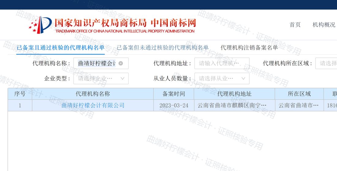 国家知识产权局商标局 已备案且通过核验的代理机构名单 查询结果